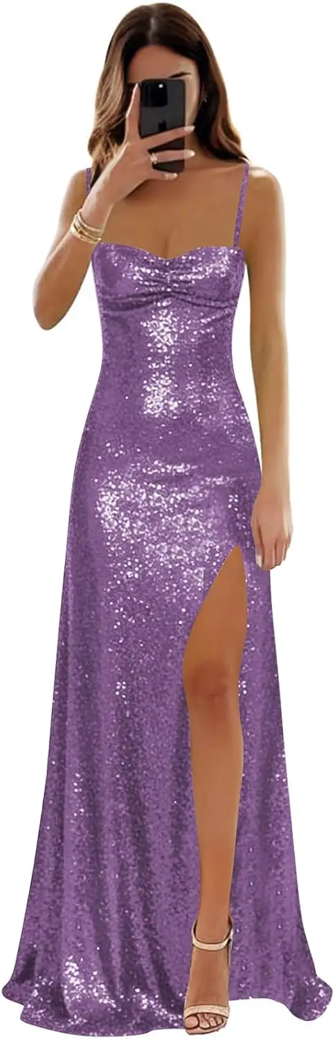 Evening Dresses Long Luxury 2026 Sequin Prom Dresses Sparkly Spaghetti Straps Corset Ruched Slit Long Formal Gowns Party Dresses