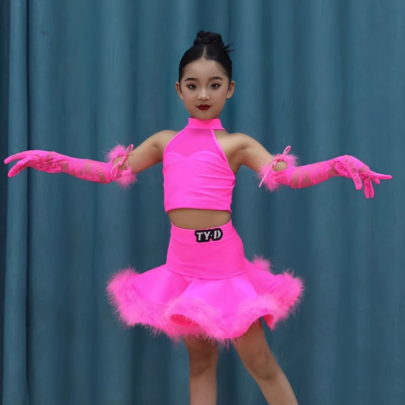 

Детская национальная стандартная одежда для латинских танцев, розово-красные костюмы для латинских танцев чача для девочек, детская танцевальная одежда для выступлений DW11147