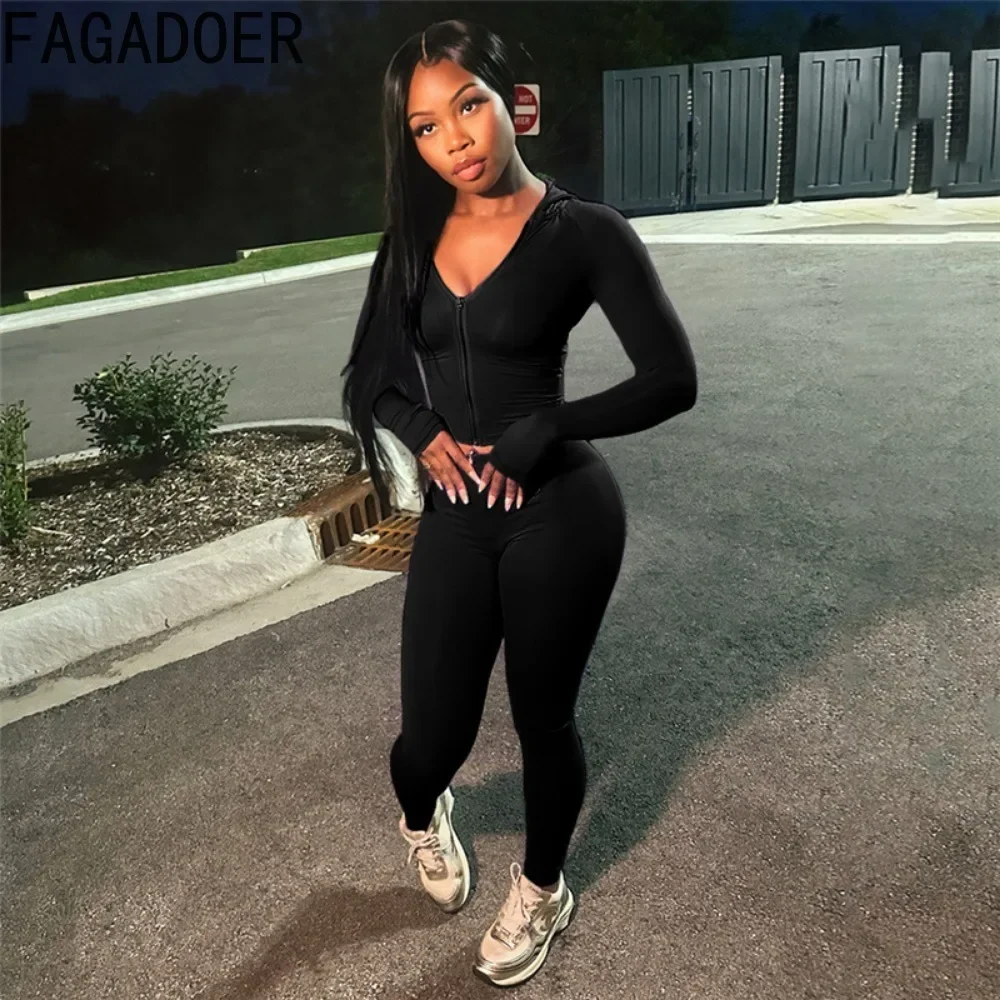 FAGADOER Fashion Solid Bodycon Sporty Two Piece Sets Women Zipper Hooded Long Sleeve Crop Top And Skinny Pants Outfits Clothing