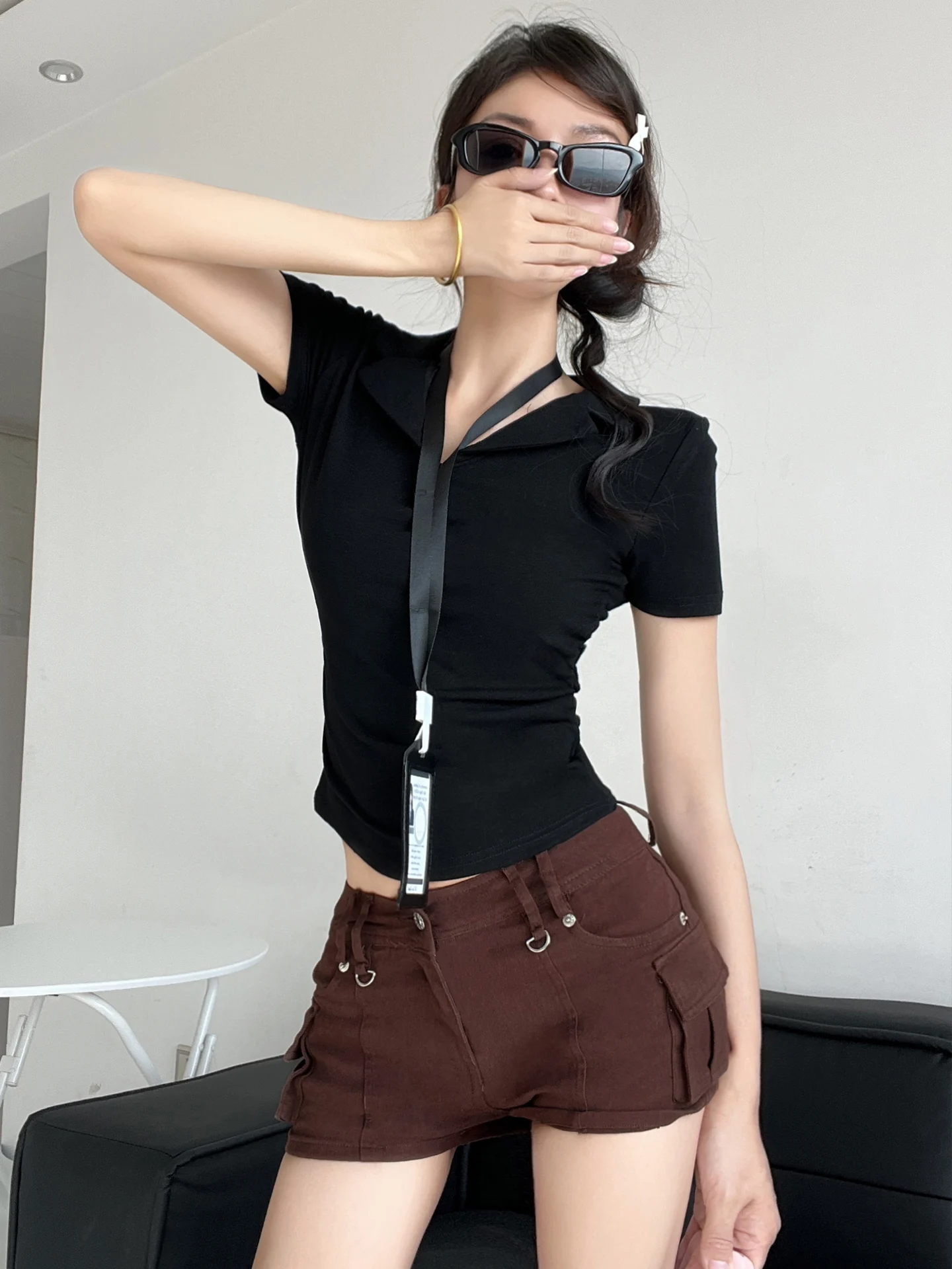 Vêtements de travail taille basse pantalons ort pantalons chauds d'été pour femmes Leggy américain aalyptique rétro marron Design Sensation filles épicées