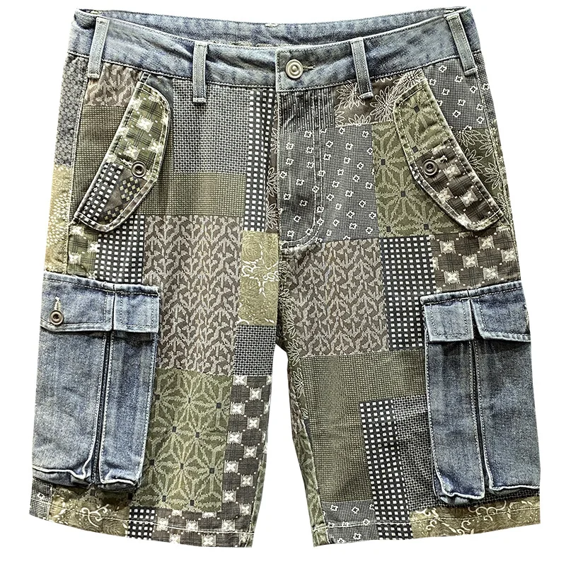 Paisley Denim Shorts Men2024Summer New Versatile Casual Loose Straight Street Tide Brand Workwear Five-Point Pants