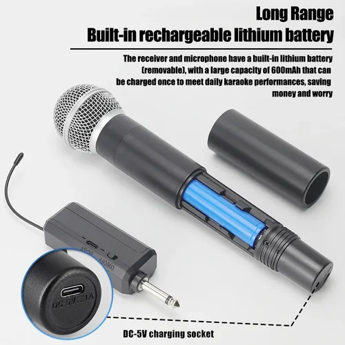 Imagen 2 del producto Micrófono inalámbrico 58 de 2 canales UHF, micrófono de mano de frecuencia fija para fiesta, Karaoke, iglesia profesional, espectáculo, reunión