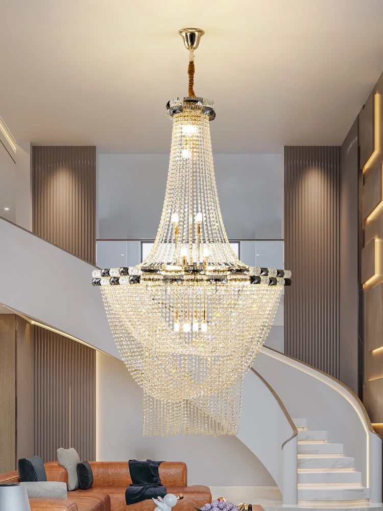 Villa High Ceiling Waterfall Tassel Crystal Lamp Unique Polygonal Gold Body Clean/Black Crystal Living Room Large Chandelier