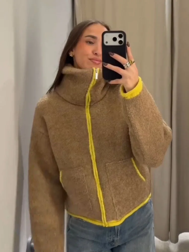 

HH Women New Fashion High Collar Long Sleeve Decorated Knitted Coat With Zipped Pockets Female Autumn Winter Warm Street Jacket