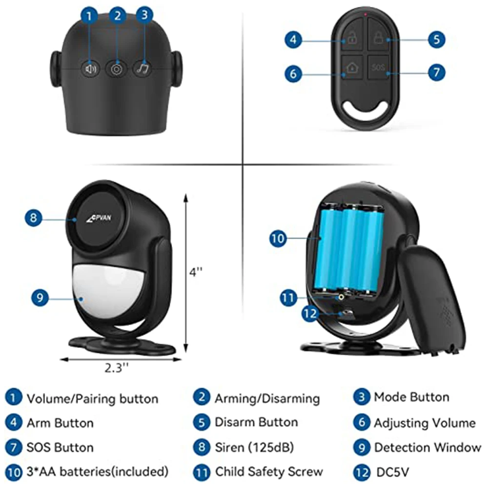 CPVAN alarma de Sensor de movimiento con Control remoto, Detector de movimiento de seguridad infrarrojo inalámbrico para interiores con sirena (3