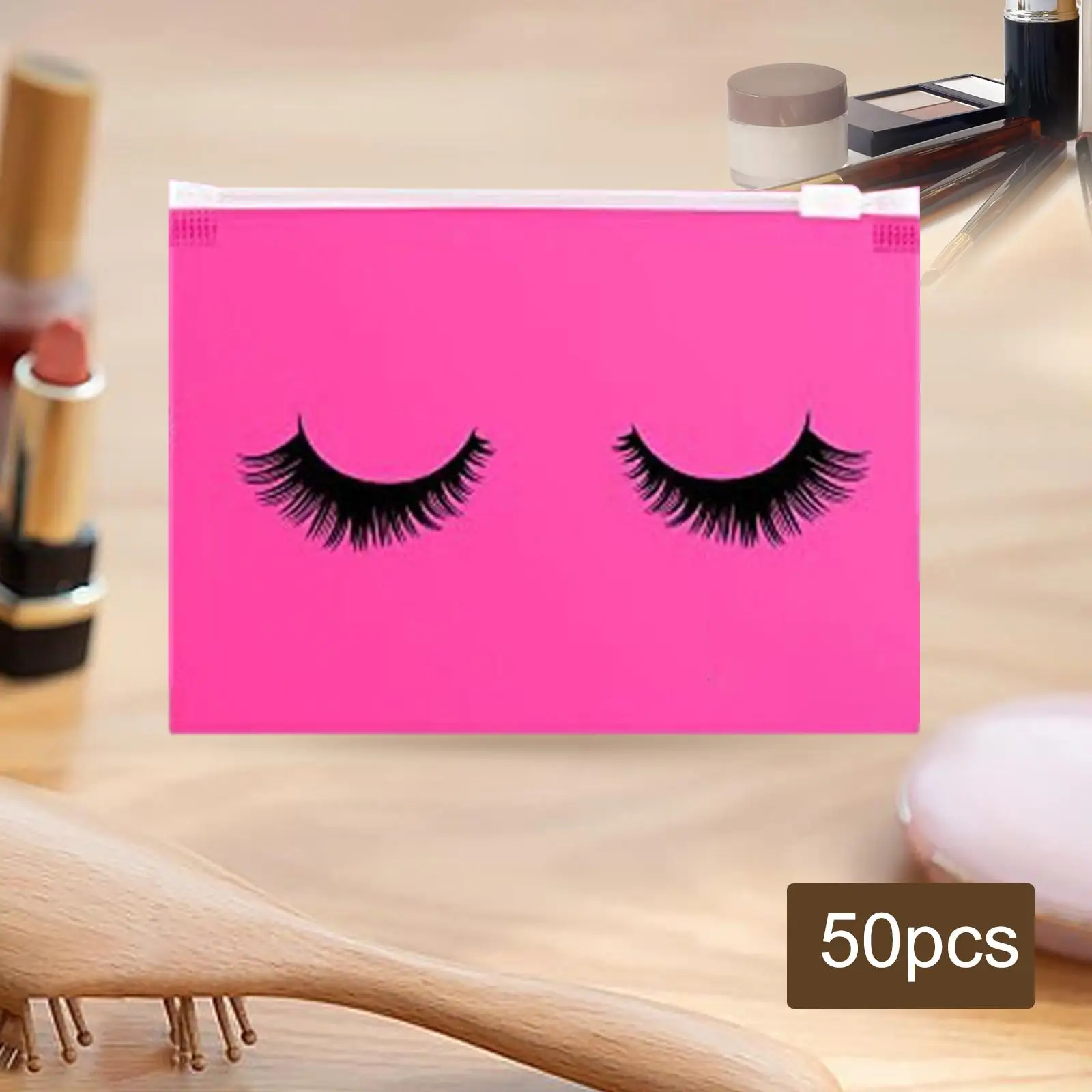 2-4 عبوة من 50 قطعة من أكياس الرموش مع سحاب رائع مقاس 15 × 10 سم وردي