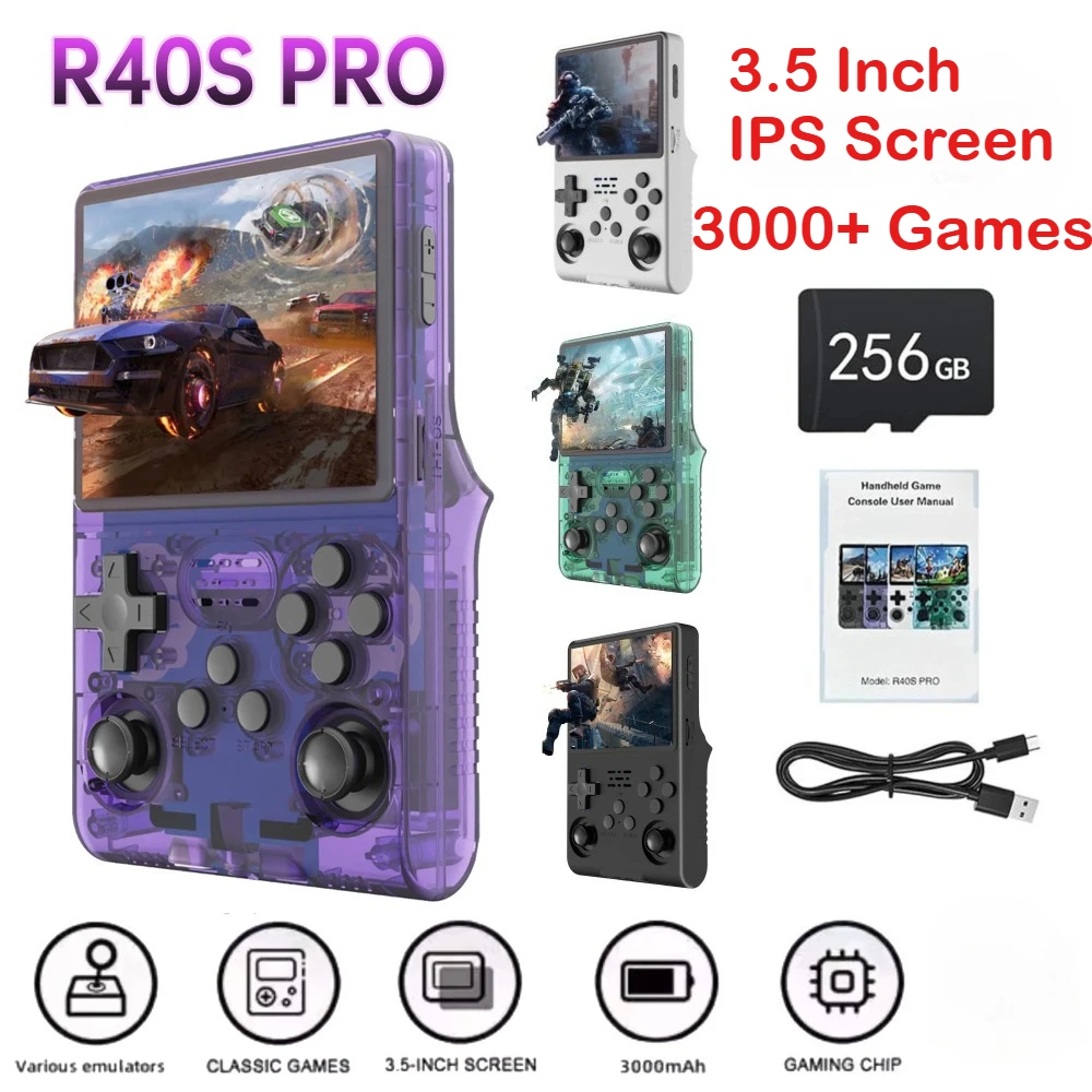 Console de jeu rétro R40S Pro, écran IPS de 3.5 pouces, plus de 30000 jeux HD, Console de jeu portable, Rechargeable 3800mAh avec carte TF de 256 go