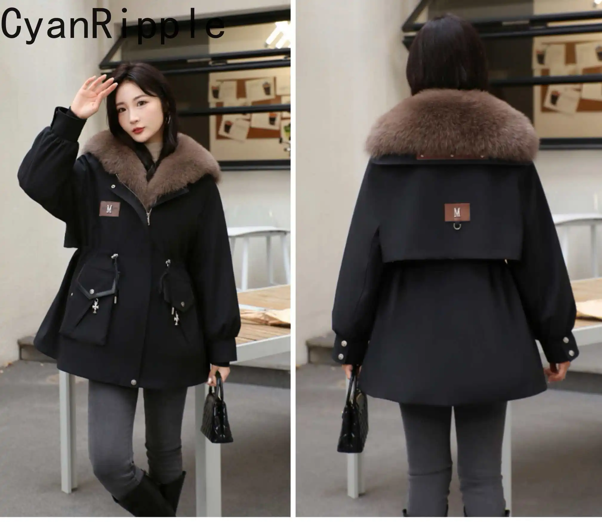 All-match Autumn Winter Women Parkas Luxury Large Fox Fur Collar Mid-long Warm Jacket Detachable Otter Rabbit Fur Liner Coat