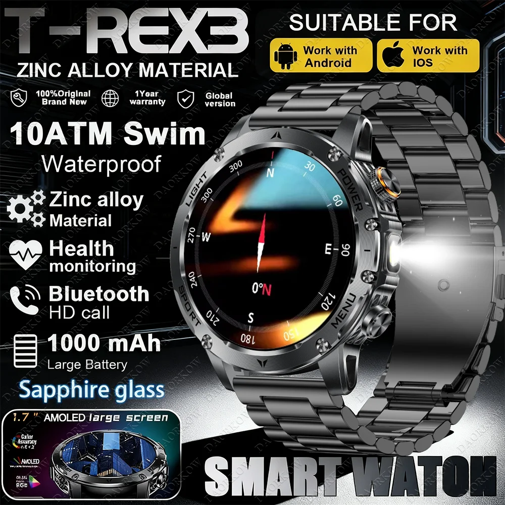 DAORKOW2025 신형 남성용 아웃도어 스포츠 시계, 1000mAh 대용량 배터리, IPX8 방수, 원버튼 연결, LED 라이트