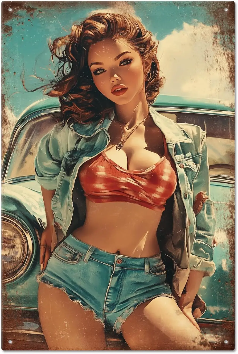 GLOBLELAND Vintage Pin Up Lady Metal Tin Sign 8x12inch Vintage Classic Car Art Plaque Poster Wall Decor for Home Bathroom B sign