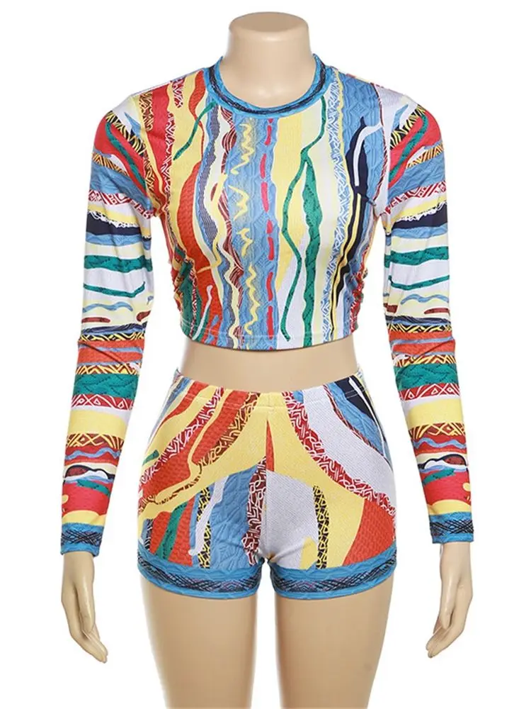 LW All Over Print Shorts Set Women\'s Multicolor 2 Piece Outfits Long Sleeve Bare Waist T-shirt&Slim Fit Shorts Trendy Sets