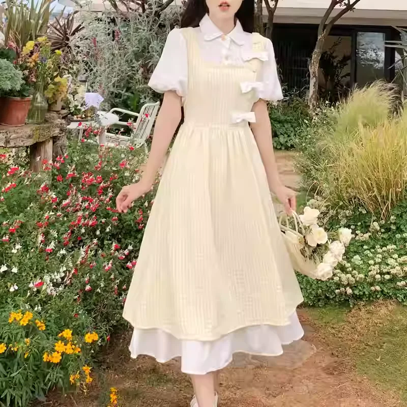 Tamanho grande suave menina verão emenda faculdade vestidos xadrez japonês falso de duas peças reduzindo a idade doce lolita moda vestido