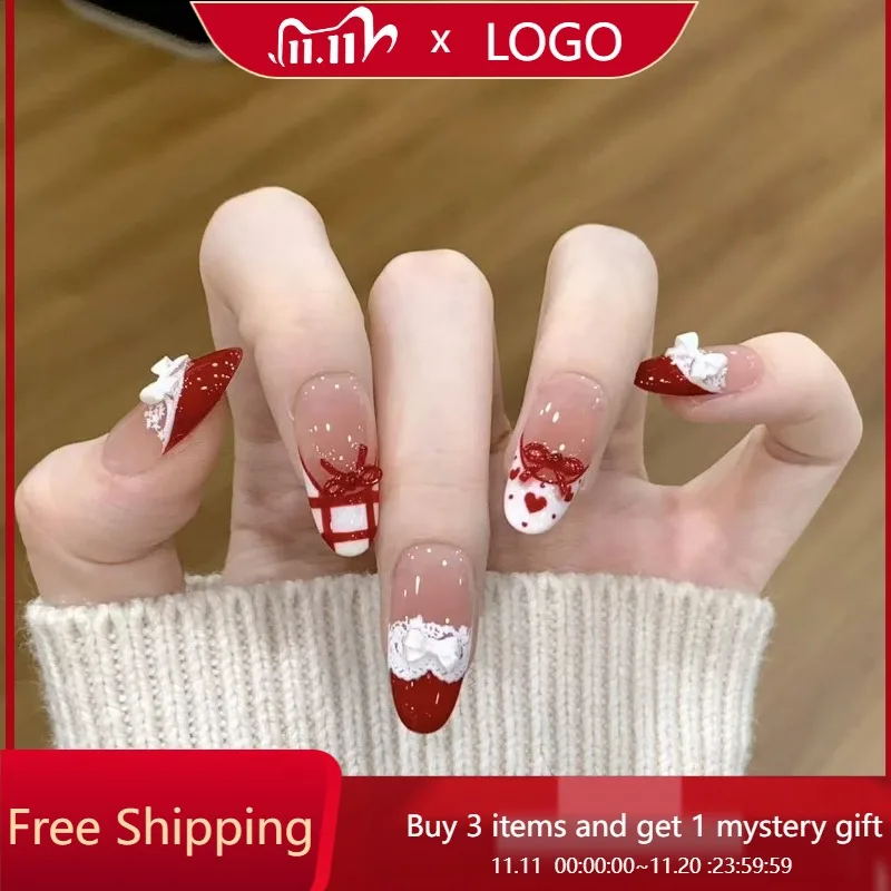 

10 шт., ногти ручной работы, осень/зима, Новогодний кружевной бант премиум-класса, Instagram-Worthy, французские типсы, идеальный подарок для женщин