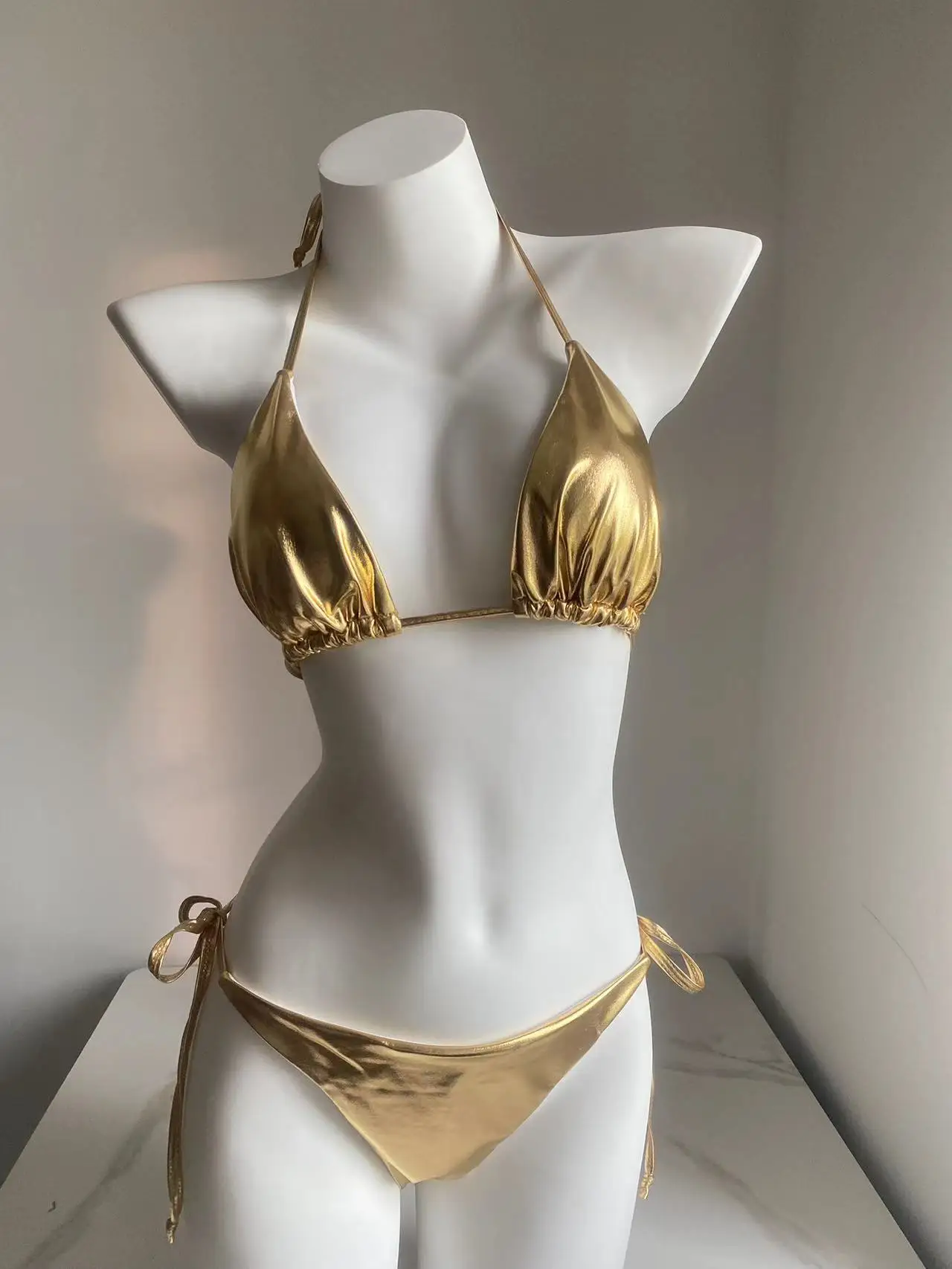 Sexy Brozing Gold Bikini Sets Women Push Up Micro Bikini Swimsuit 2024 Brazilian Beach Bathing Suit Tie Side Triangle Swimwear