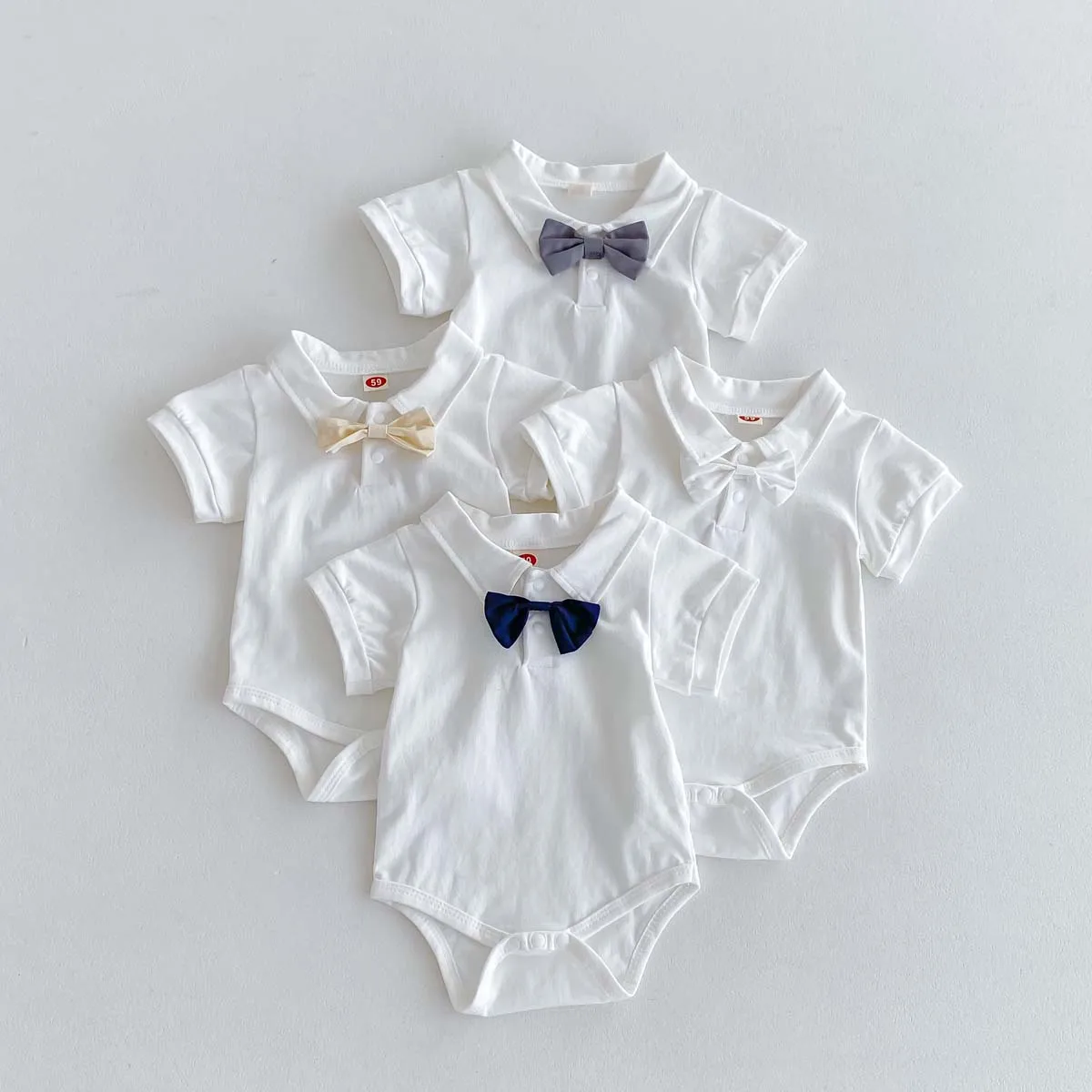 Summer Short-sleeves Baby Boys Gentleman Suit + Bow Tie 0-2 Years Old Newborn Cotton Four Colors Sets