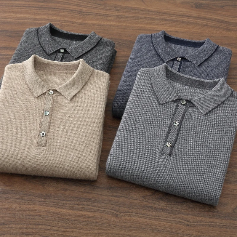 Men's 100% Cashmere Business Polo Collar Pullover Classic Fashion Long Sleeve Sweater Autumn Winter Casual Versatile Knit Top