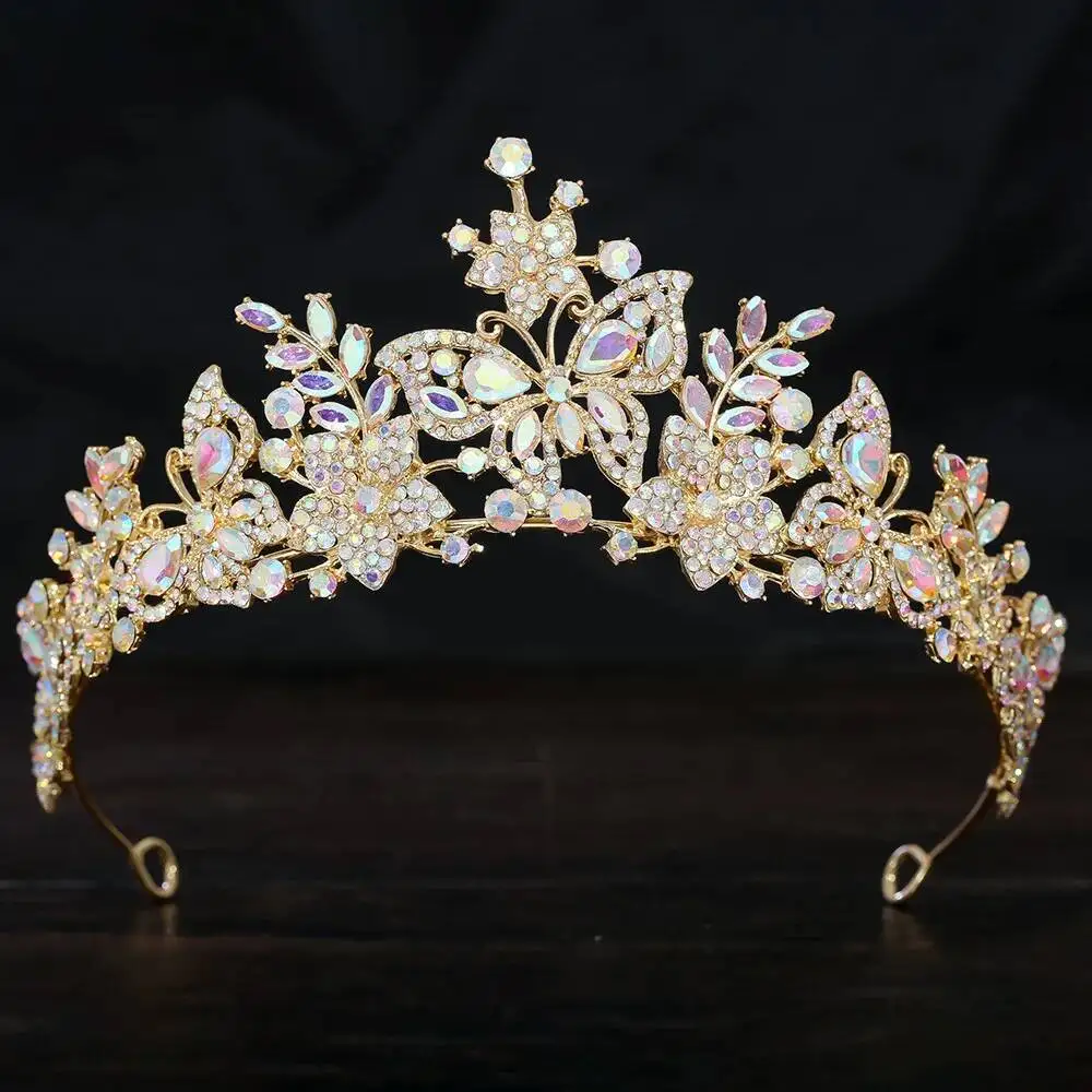 Butterfly Floral AB Color Crystal Women Crown For Pageant Rhinestone Princess Diadem Wedding Hair Accessories Tiaras Jewelry