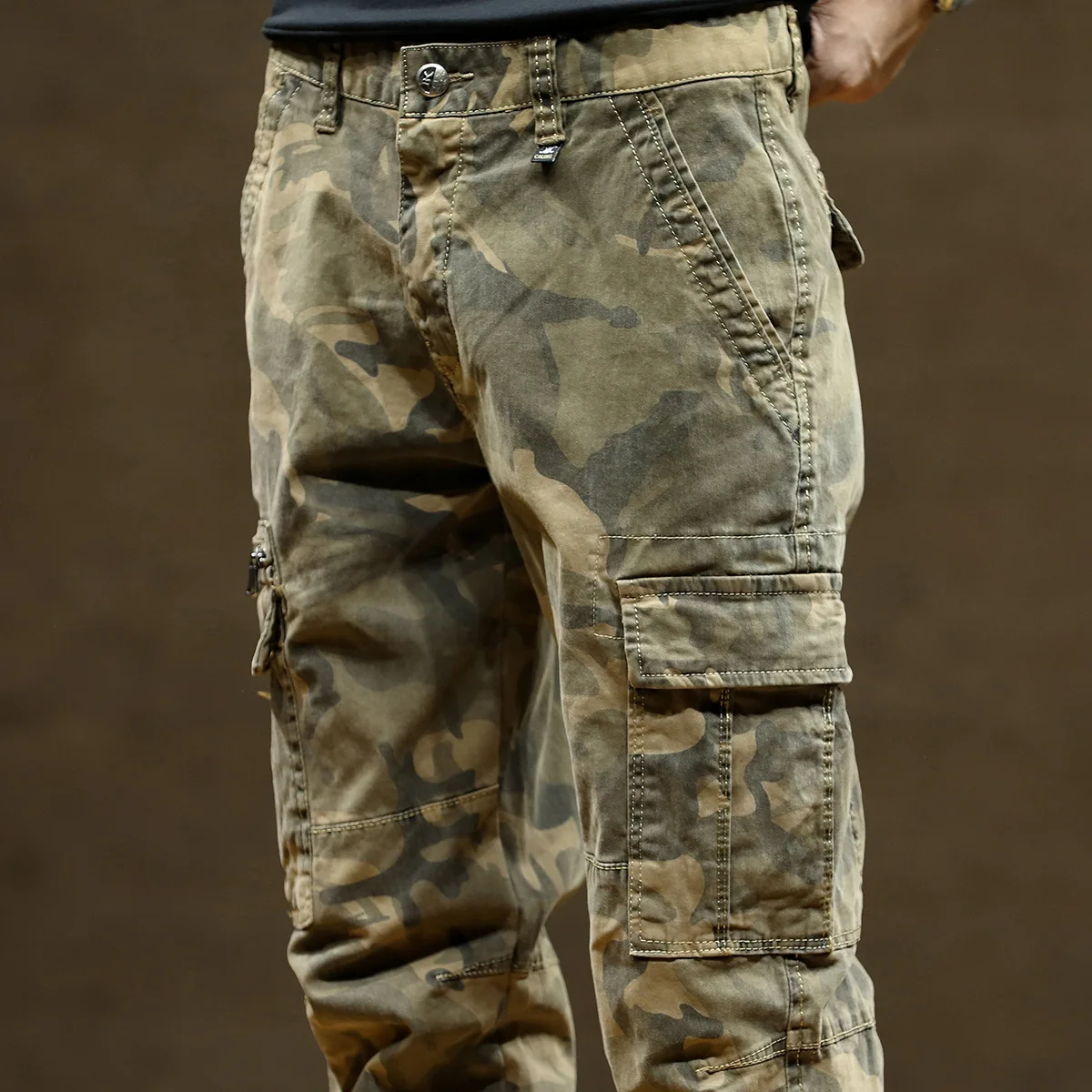 Ankle Length Men's Cargo Pant Cotton Stretch Casual Camouflage Trouser Male Camo Cuff Jogger Multi Zip Pocket Outfit Zipper Tied