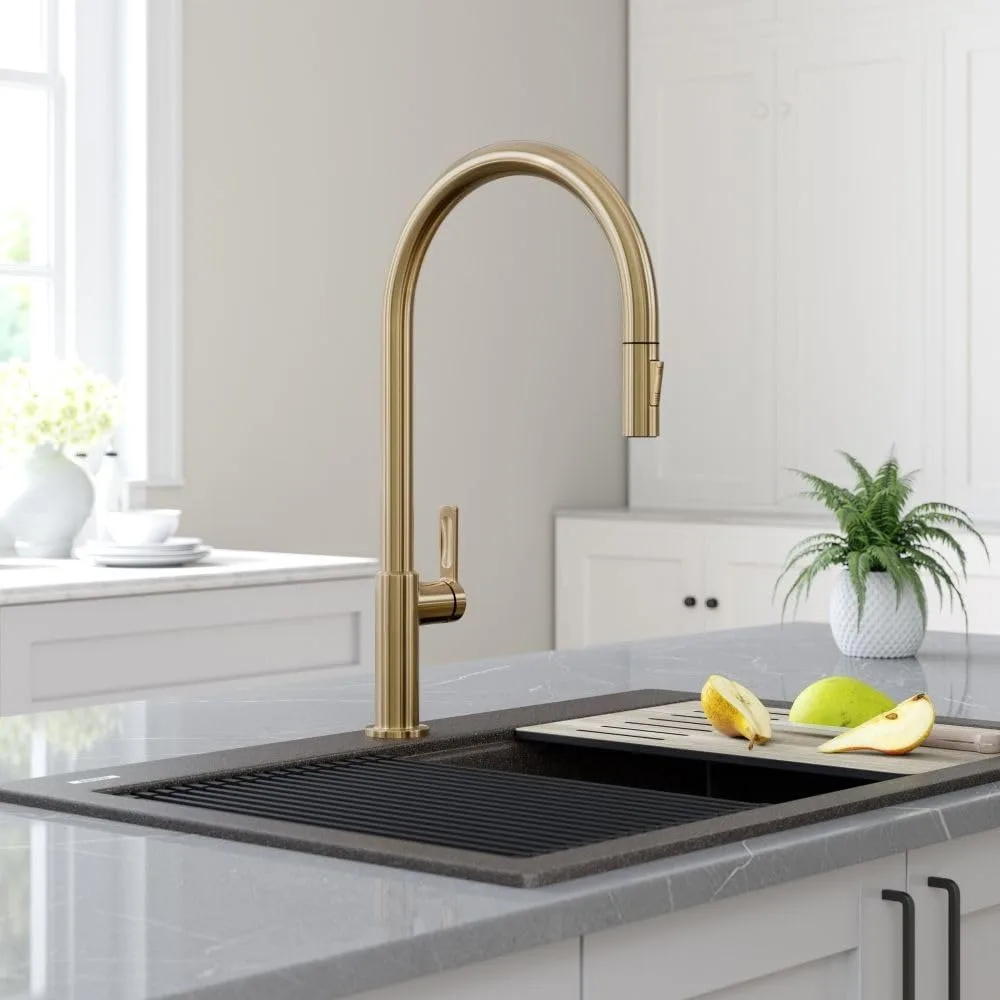 High-Arc Single Handle Pull-Down Kitchen Faucet in Spot Free Antique Champagne Bronze,‎3.5"D x 12.5"W x 20.38"H