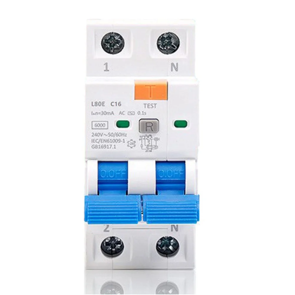 RCBO Leakage Protector FI Circuit Breaker Switch 1P+N 16A Type AC 30mA with 6000A Breaking Capacity for Home and Commercial Use