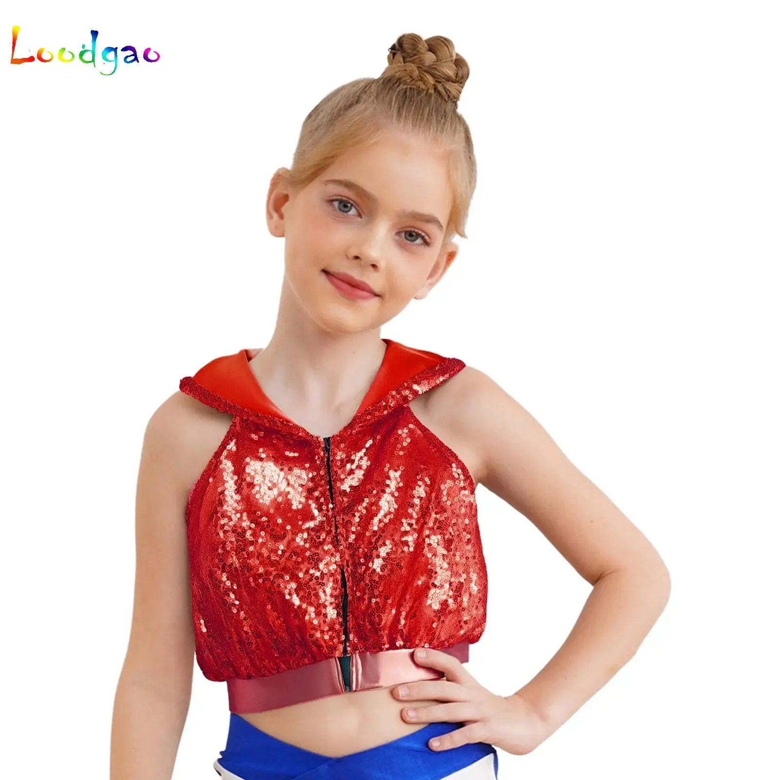 

Jazz Hip-hop Dance Tops for Kids Girls Shiny Sequins Hooded Crop Top Sleeveless Backless Zipper Athletic T-Shirts Streetwear