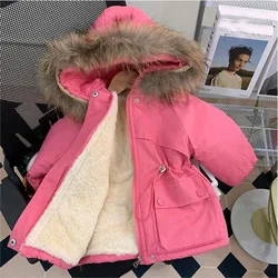 Girls Hooded Cotton Coat 2024 Winter New style Plus Velvet Thickening Windbreaker Down Jacket Baby Big fur Collar Warm Coat