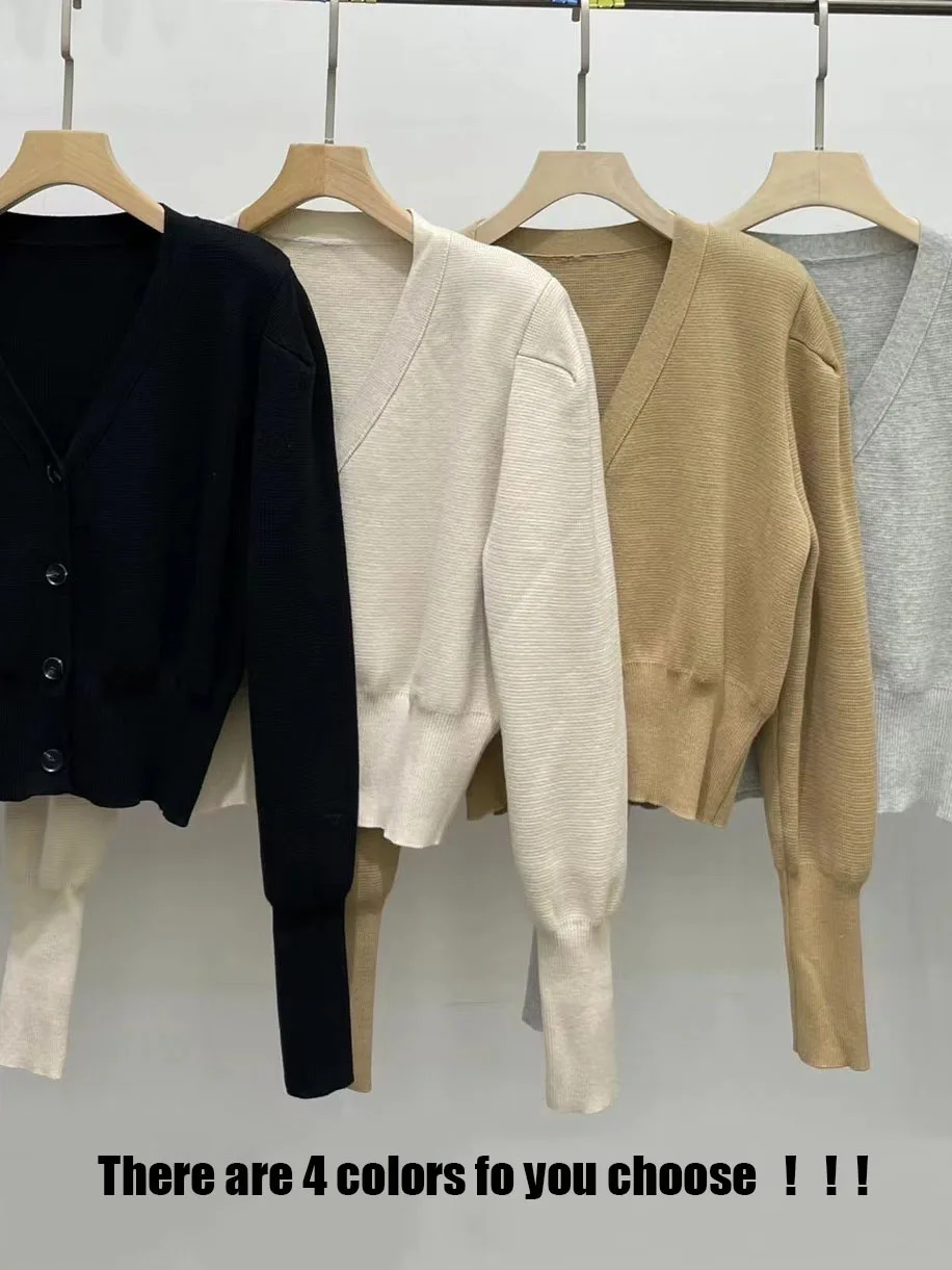 Knitted Sweater For Women 2024 Autumn Long Sleeve Single-Breasted V-neck Short Knitwear Cardigans C-065