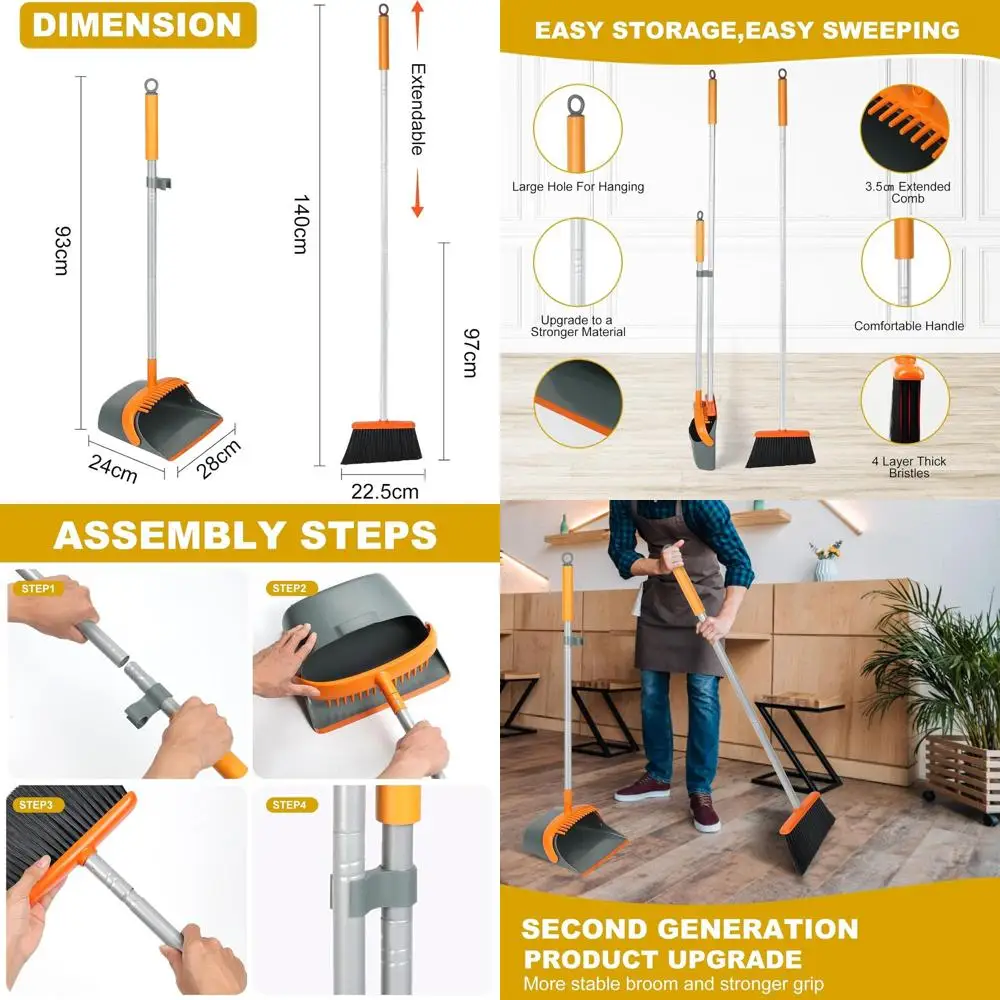 

Long-Handled Broom and Dustpan Set - 54 Reach, Ideal for Efficient Home Cleaning in Orange & Grey
