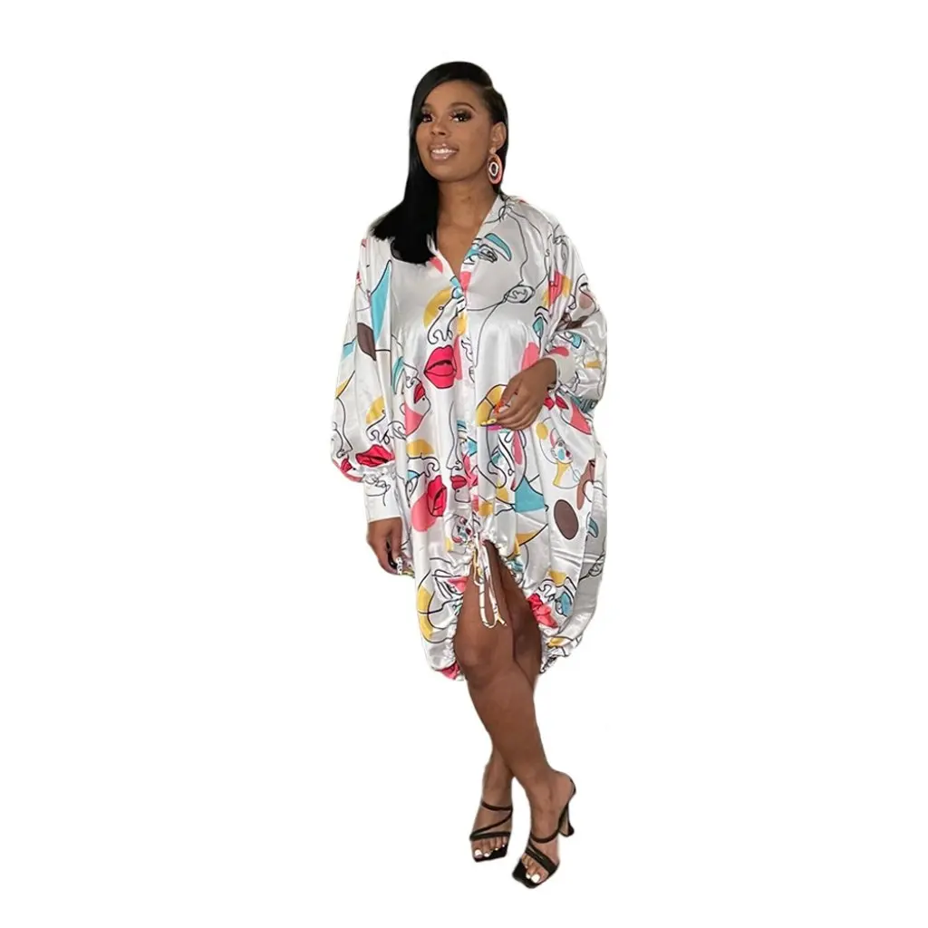 Vestido largo para mujer Mm2122 Suministro europeo y americano Material satinado Estilo camisero con mangas largas