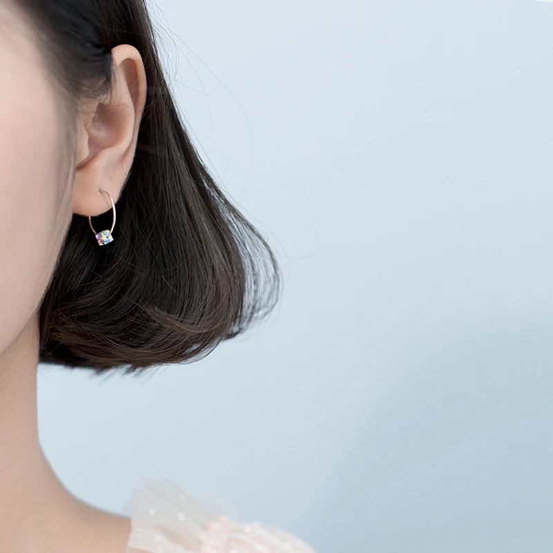 Modian Dazzling Big Square Rainbow Crystal Hoop Earrings For Women Swing Classic Hoops Ear 925 Sterling Silver Fashion Jewelry