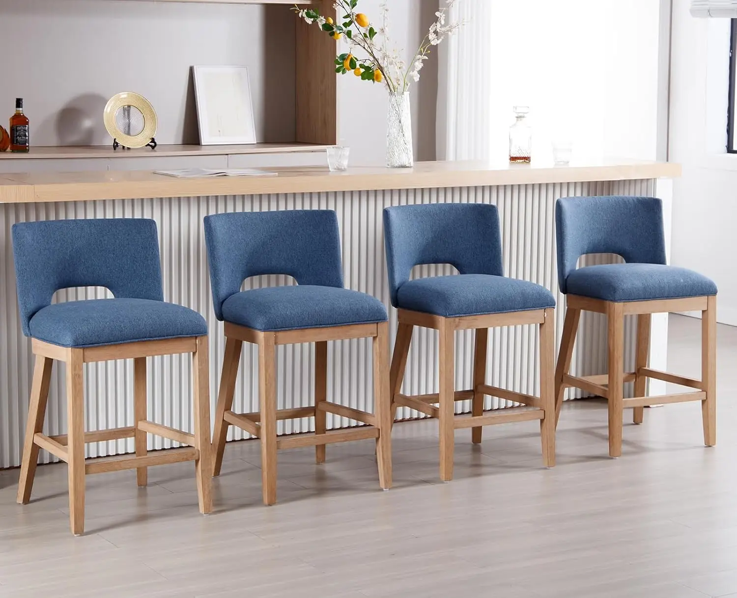 26 Inches Bar Stools Set of 4 Armless Padded Counter Stools with Wood Back and Legs Upholstered Linen Fabric Stool Chair