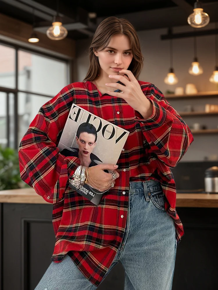 

FSTDCY винтажная клетчатая рубашка свободного кроя с лацканами, модные однобортные блузки большого размера с длинными рукавами, женская яркая рубашка в сетку, верхняя одежда