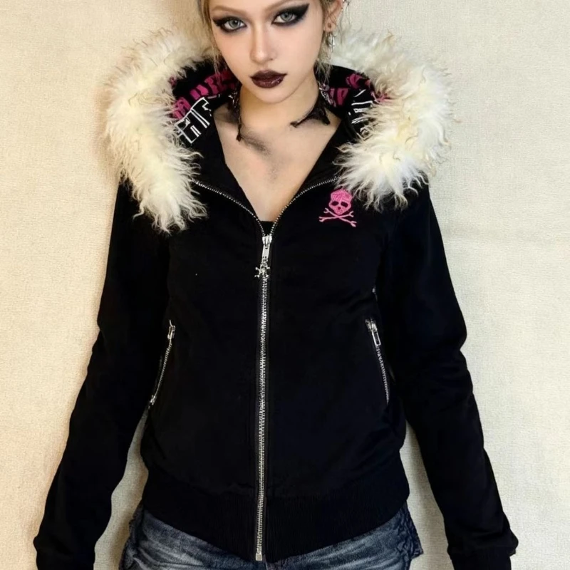 American Retro Long Sleeve Jacket Women Punk Style Streetwear Faux Fur Collar Hooded Coat Zipper Letter Print 2025 Autumn