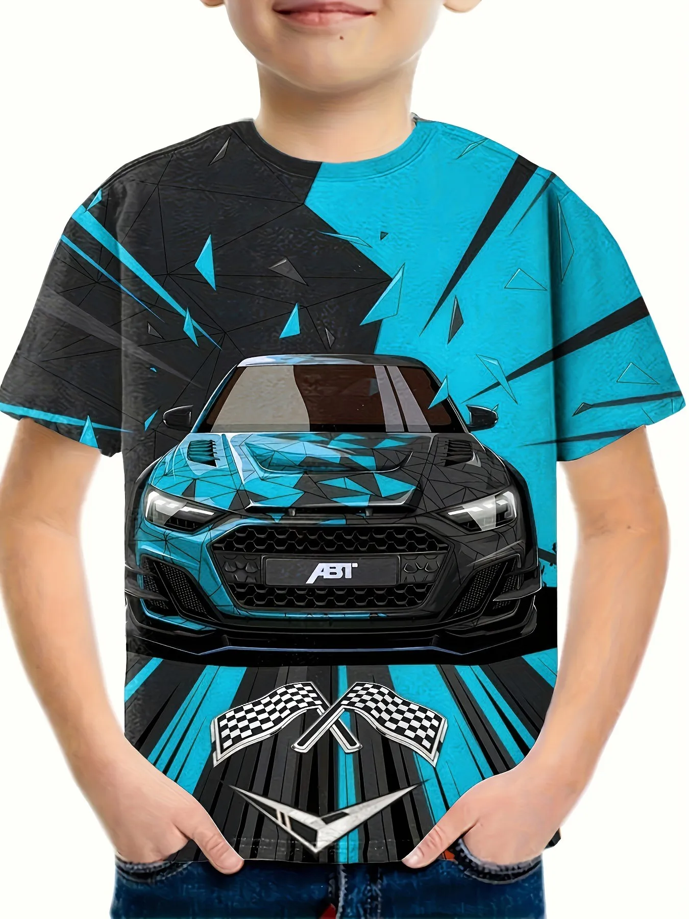 Boys Racing Car Pattern 3D Print T-Shirt Criativa, Casual Leve Manga Curta, Tripulação Pescoço Tee Tops, Roupas Infantis, Moda Verão