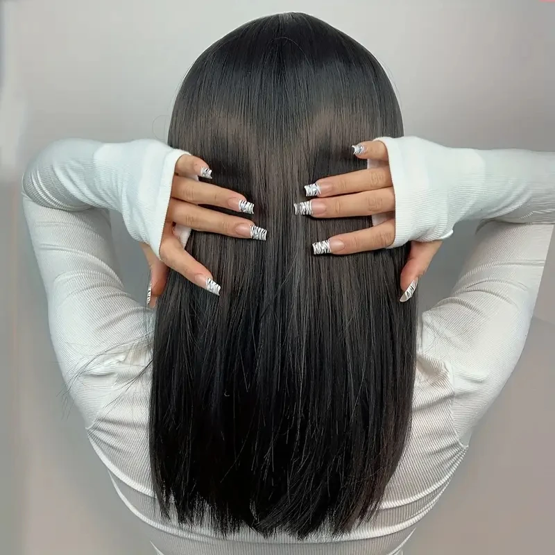 Black synthetic wig with medium-length straight hair for Halloween cosplay. Costume wig. Daily high-temperature hairpiece.