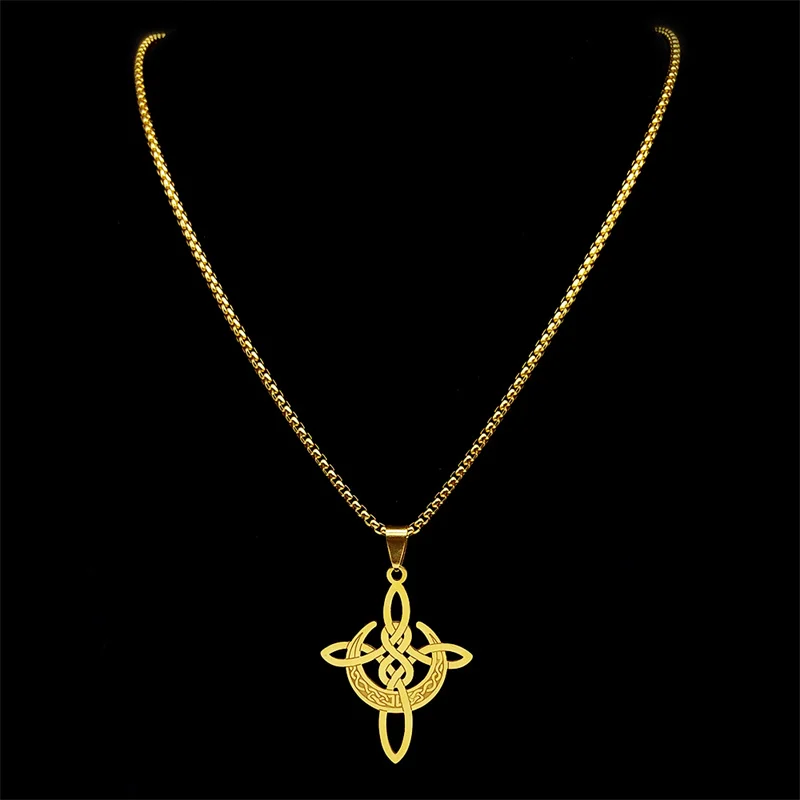 Witch Crescent Moon Knot Pendant Necklace for Women Men Stainless Steel Gold Color Irish Celtic Knot Chain Jewelry NZZZ790S02 - view 3