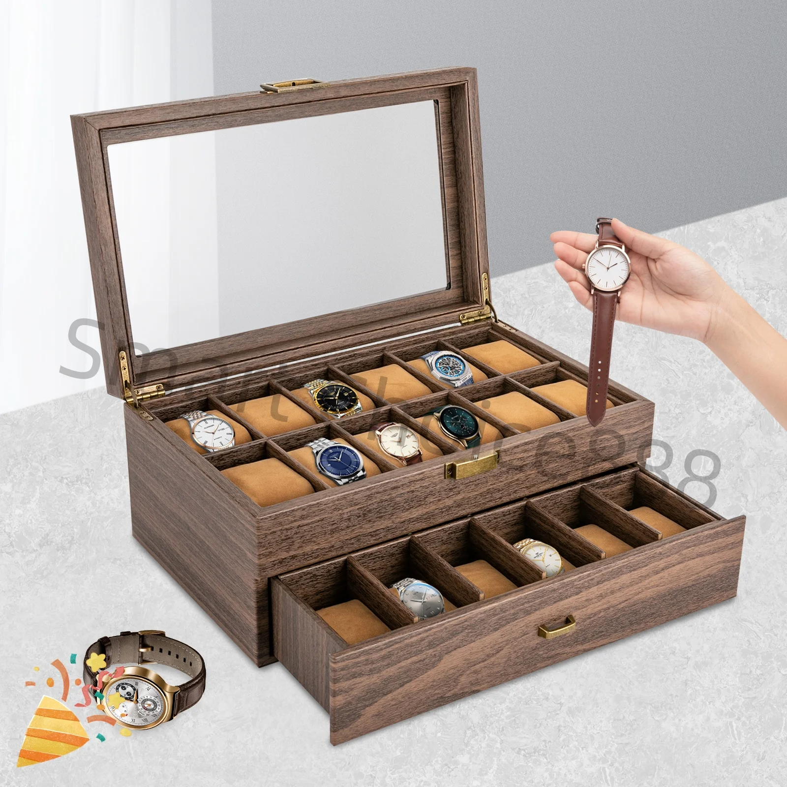 

2-Layer Watch Display Case 24 Slot Watch Box Glass Lid Watch Collection Storage Brown