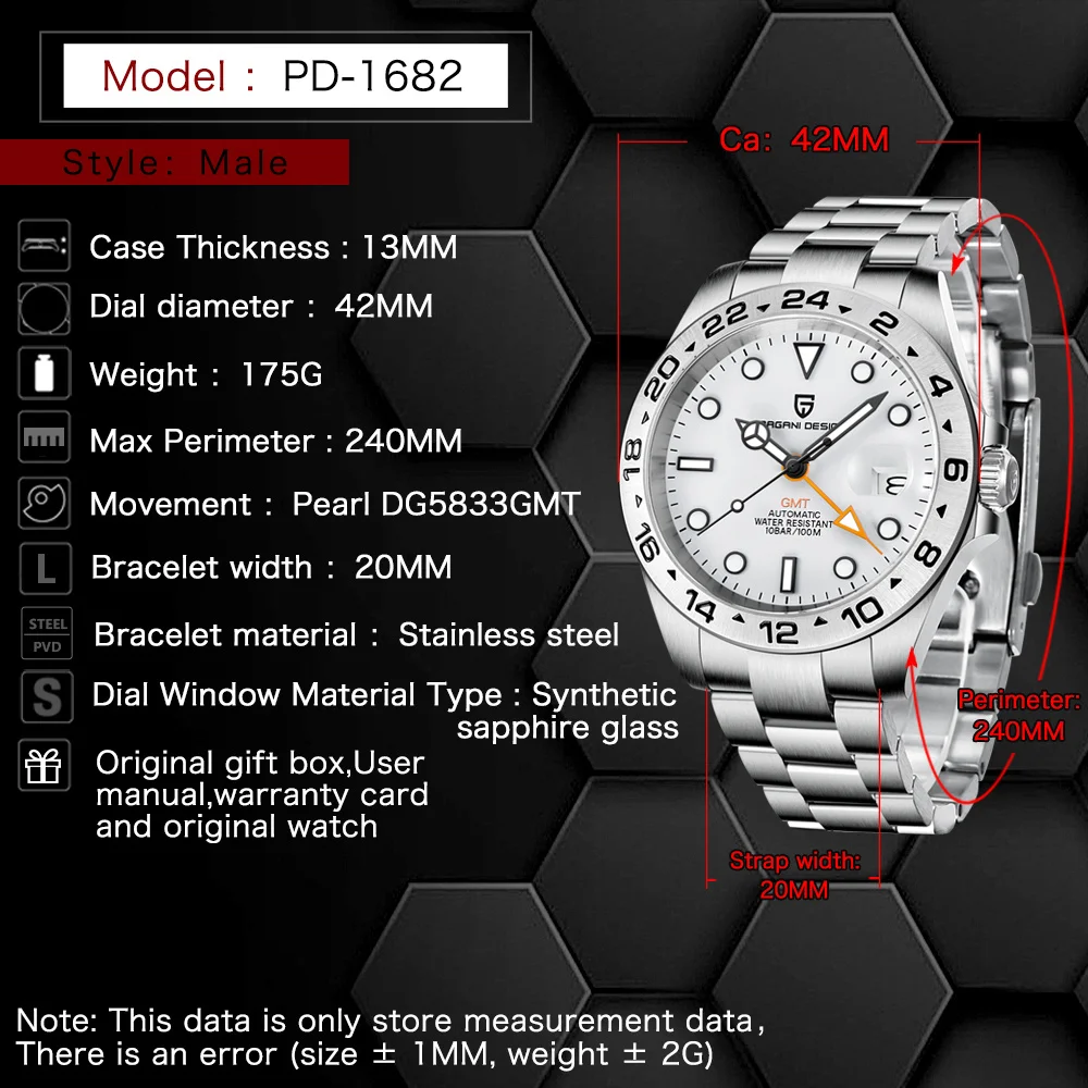 PAGANI DESIGN 42mm GMT Men\'s Automatic Mechanical Watch Sapphire Stainless Steel Waterproof Luminous Chronograp Reloj Hombre New