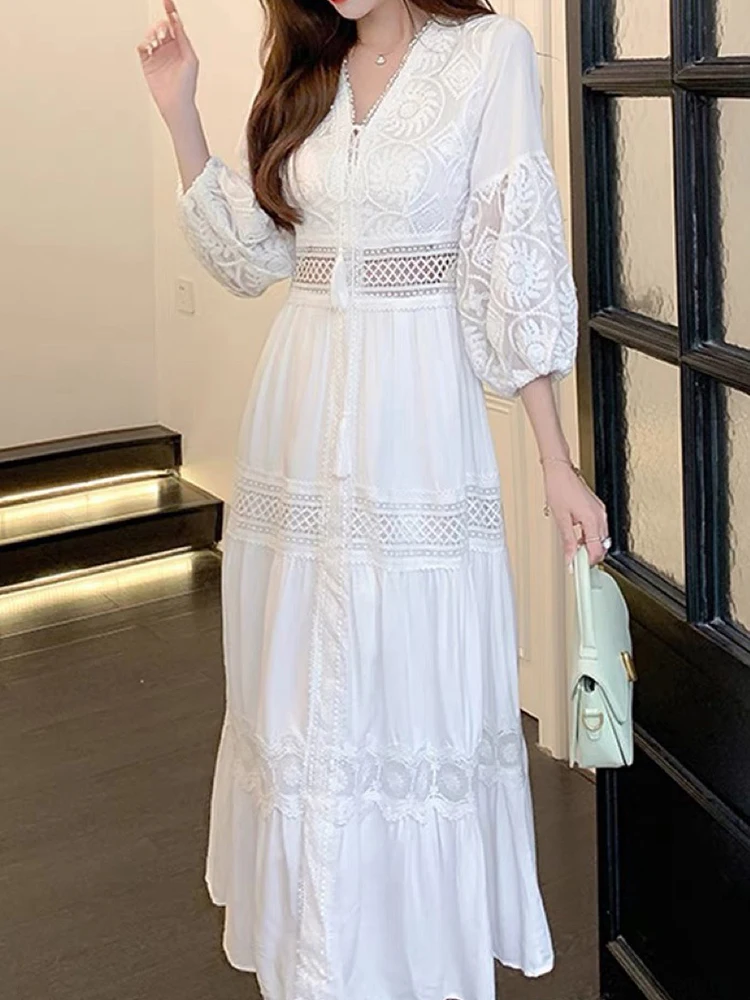 White Long Dress Women Summer Boho Maxi Dress Ladies Hollow Out Beach Sundress Female Elegant Casual Loose Holiday Vestidos