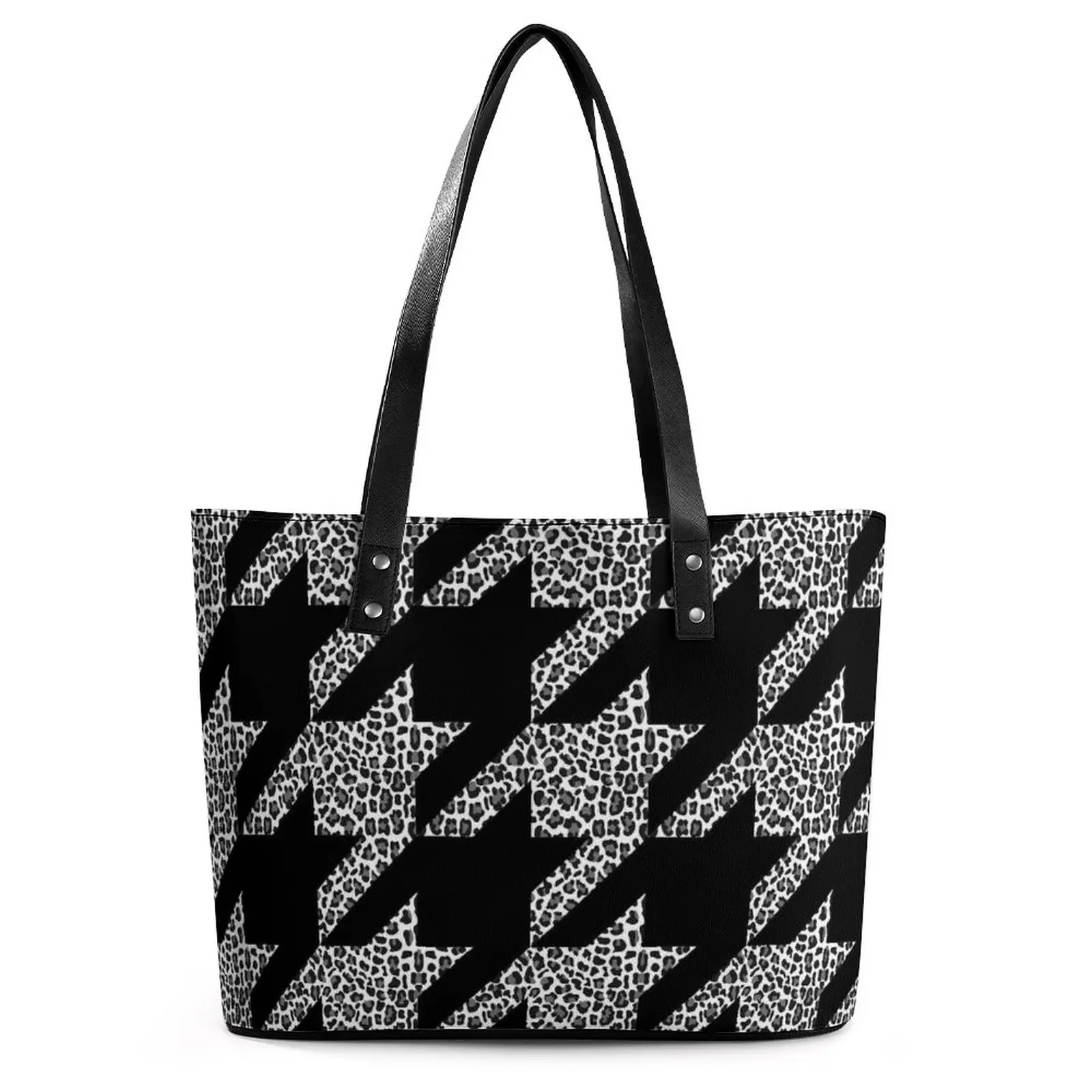 

Black Houndstooth Handbags Cheetah Print PU Leather Shoulder Bag Lady Outdoor Designer Tote Bag Top-Handle Casual Shopping Bags