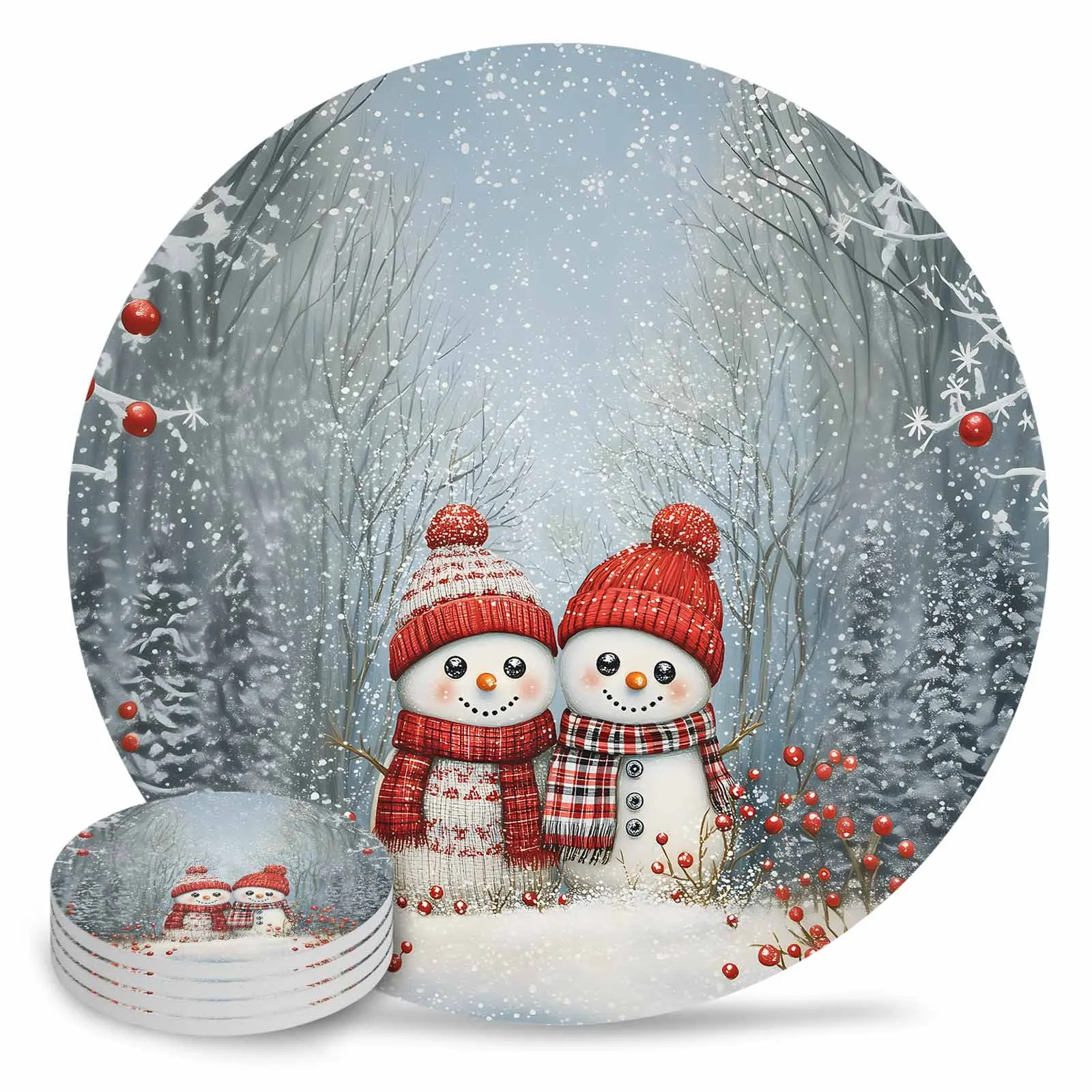 Snowy Forest Berry Snowman Ceramic Coaster Set Kitchen Table Round Placemat Luxury Decor Coffee Tea Cup Coasters