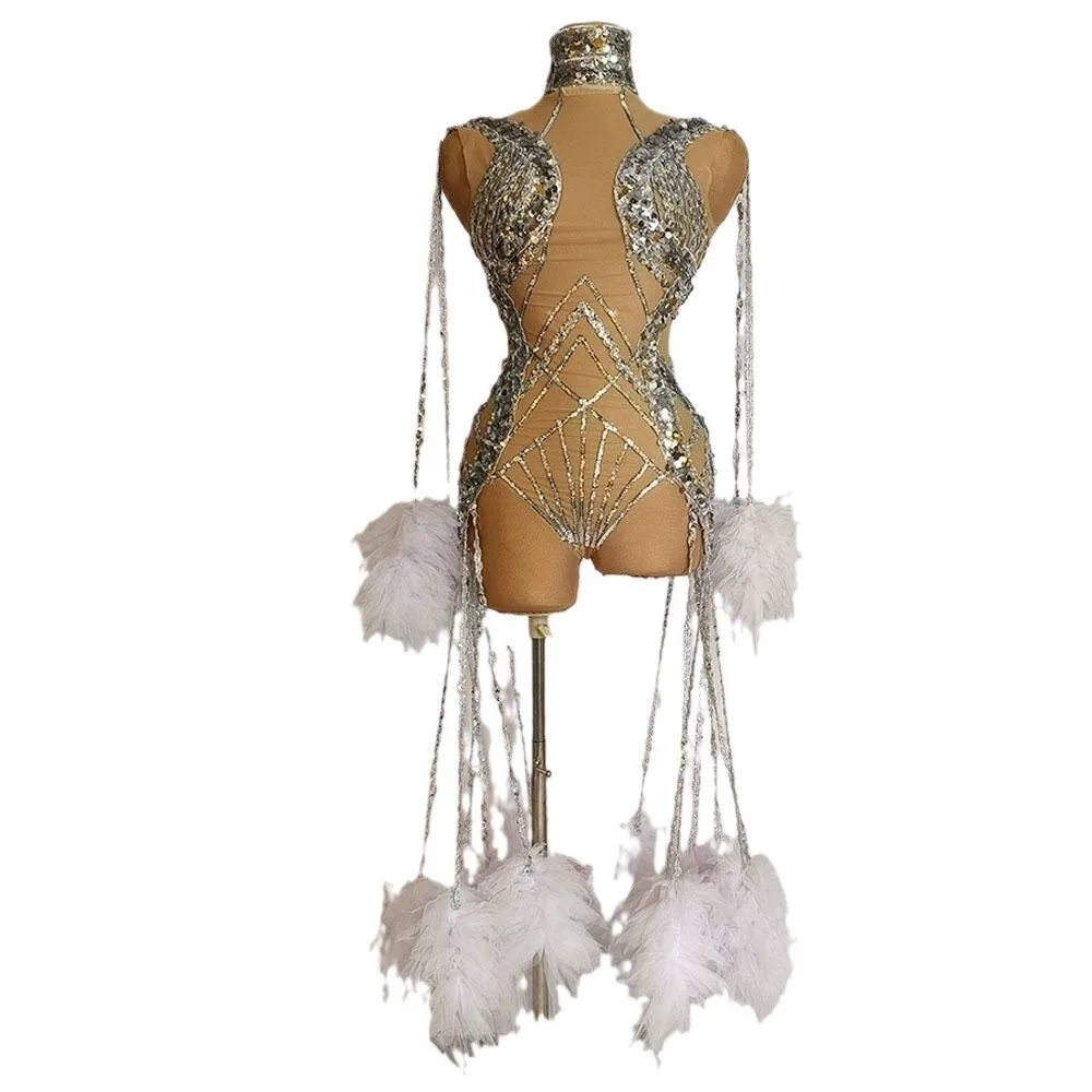 Abiti per spettacoli teatrali Maglia trasparente con strass con frange Top a tubo Abito Kick Keys Abiti Brillantes Abito Velluto E Piume