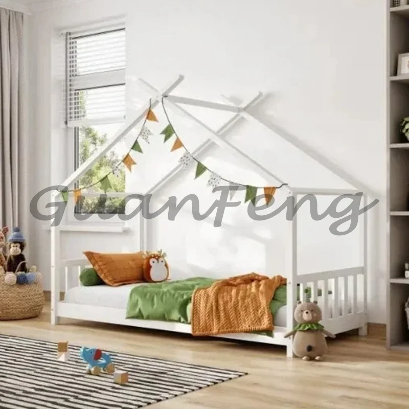White Solid Pine Wood Toddler House‑Shaped Bed Frame, Wooden Kids House Bed Furniture, Children Floor Bed for Bedroom