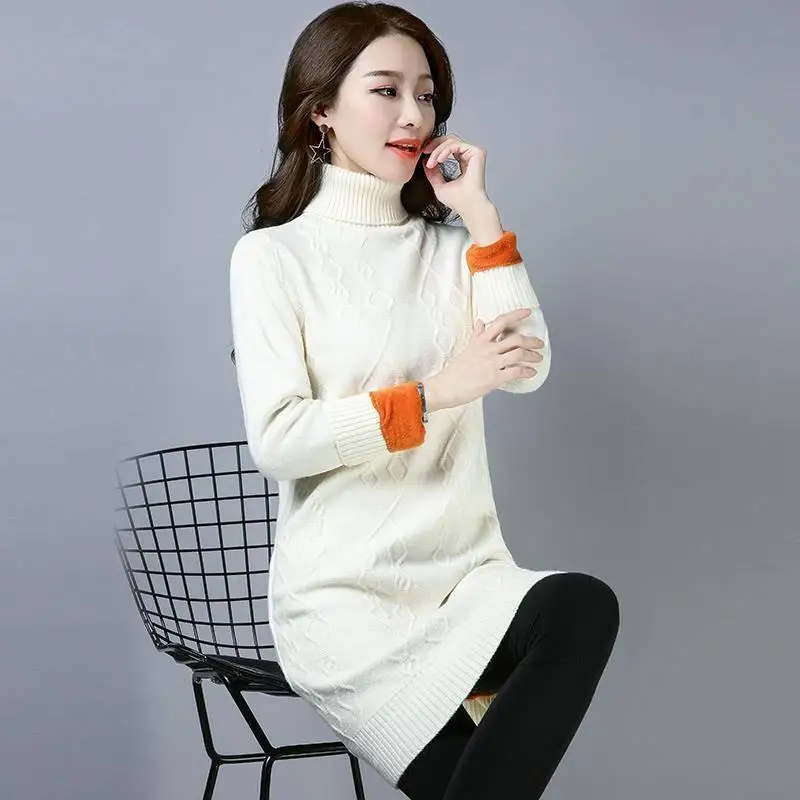 Autumn winter knitted sweater dress Long sleeve turtleneck twist women pollover pulls femme automne hiver