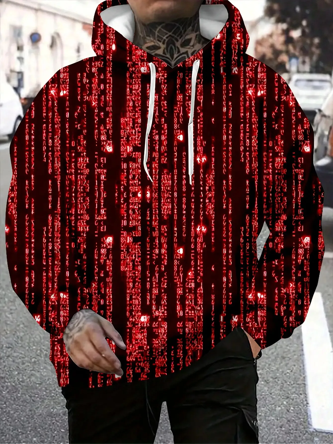 Men Red Digital Matrix Code Stream 3D All Over Print Hoodie Tech Cyber Graphic Casual Long Sleeve Hooded Sweatshirt