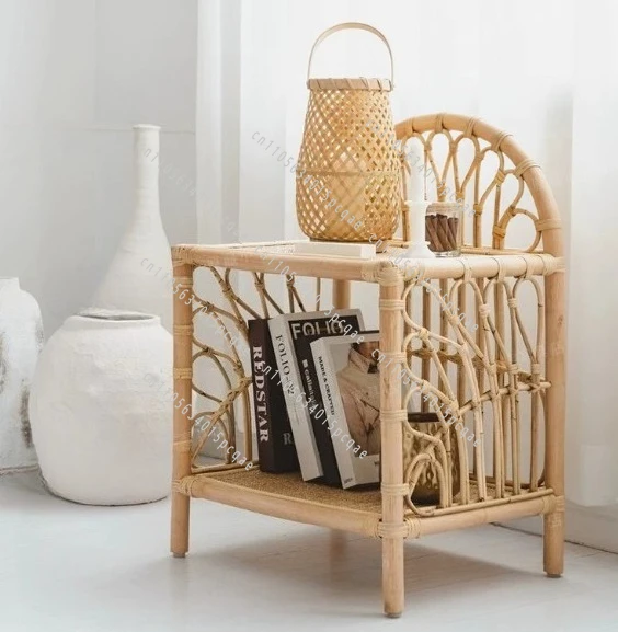 Simple Rattan Woven Coffee Table Bedroom Sofa Side Table Natural Indonesian Rattan Bedside Table Flexible Mobile Room Desks