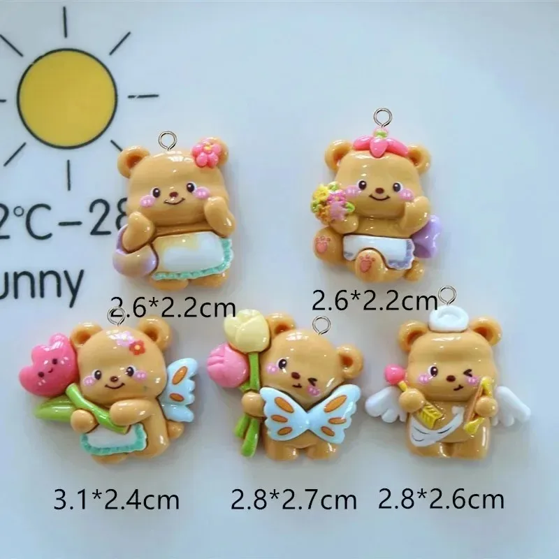 10Pcs Cute Floral Little Bear Flatback Resin Charms Kawaii Mini Animal Pendants DIY Earrings Keychain Craft Supplies