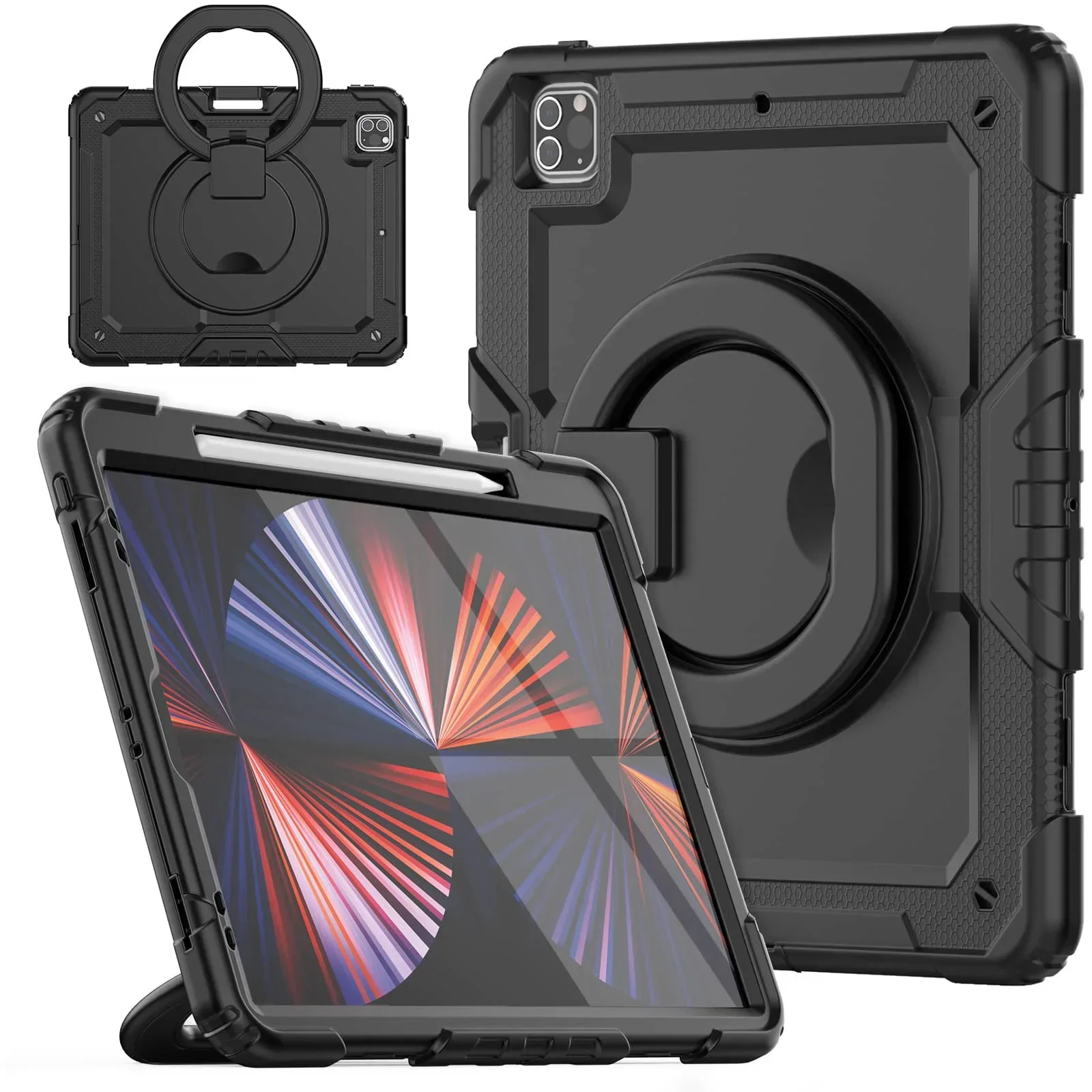 for iPad Pro 12.9'', Military Grade Shockproof Protective Silicone Cover 360 Folding Handle Grip + Handle Shoulder Strap