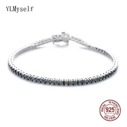 Real 925 Silver Tennis Bracelet 2 mm black Cubic Zircon Solid Fine Jewelry Hiphop Rock Chain For Women