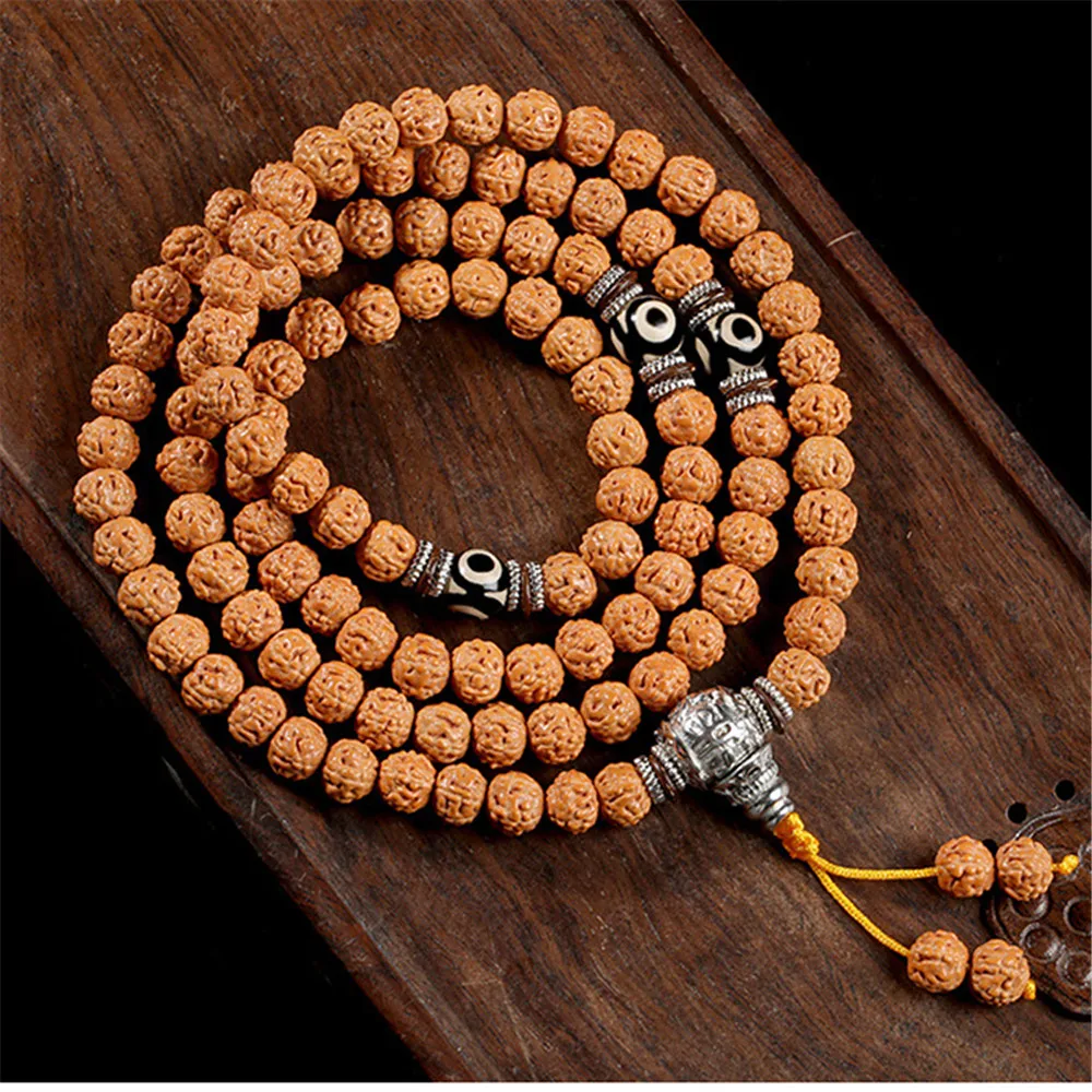 Natural 108 Bodhi Bracelets Yellow Skin Tibetan King Kong Bodhi Beads Necklace Rosary Three Eyed Dzi Buddhist Meditation Jewelry